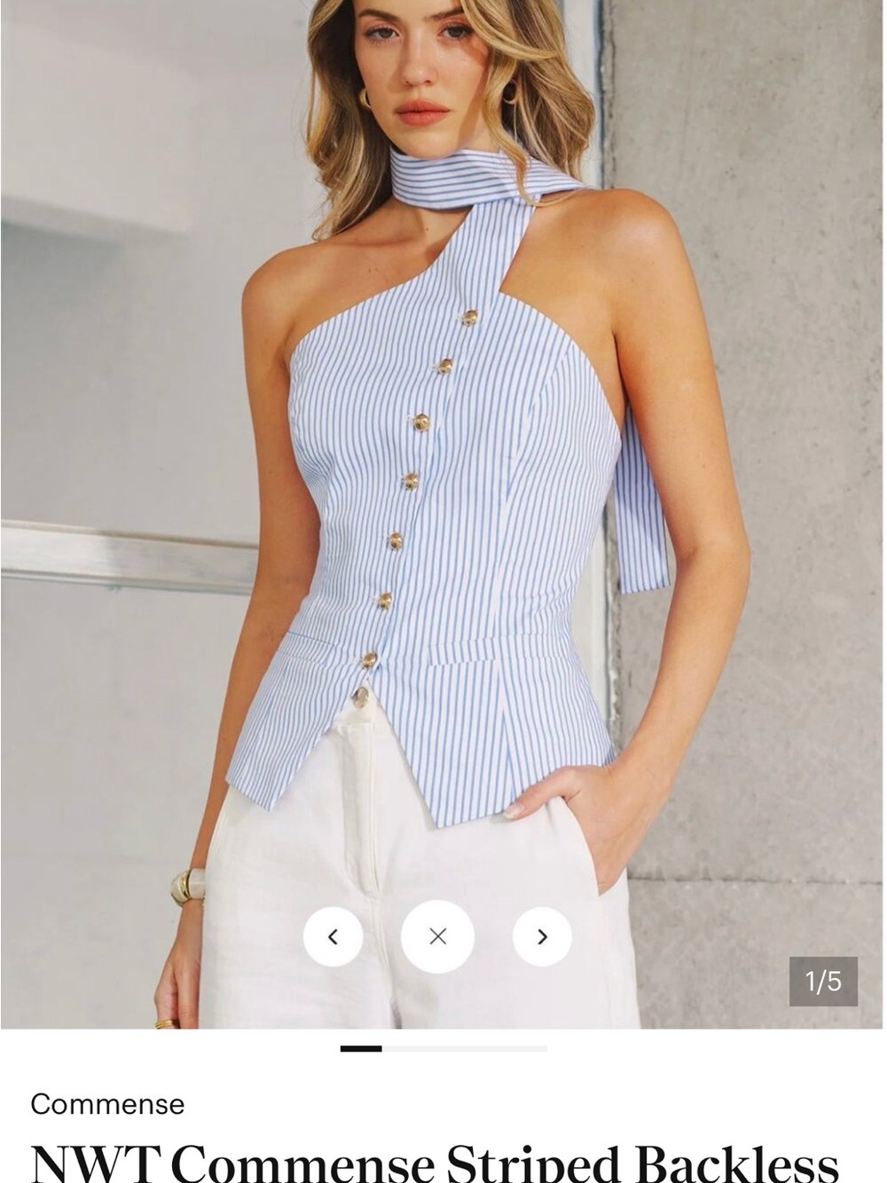 Commense Blue and White Striped One-Shoulder Tie-Neck Top